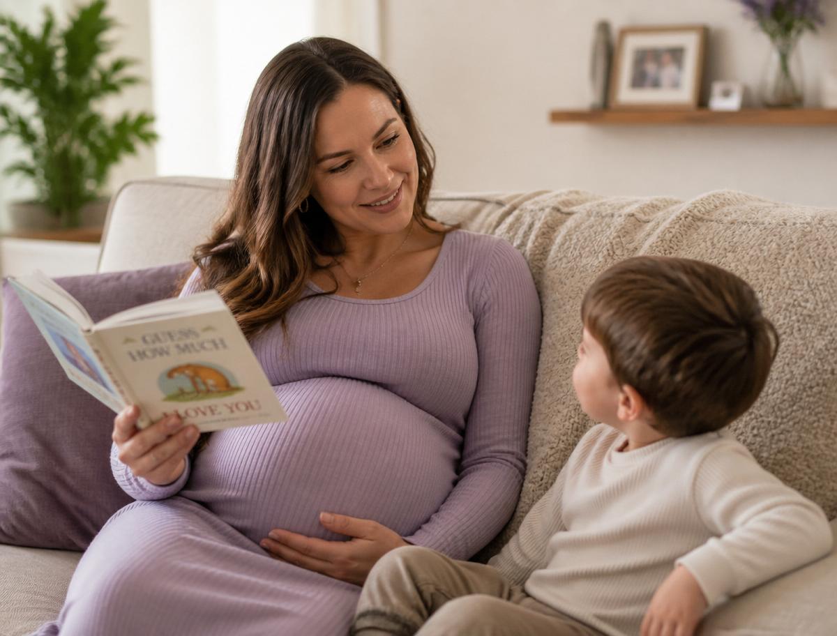 Mamá embarazada leyendo un cuento en casa