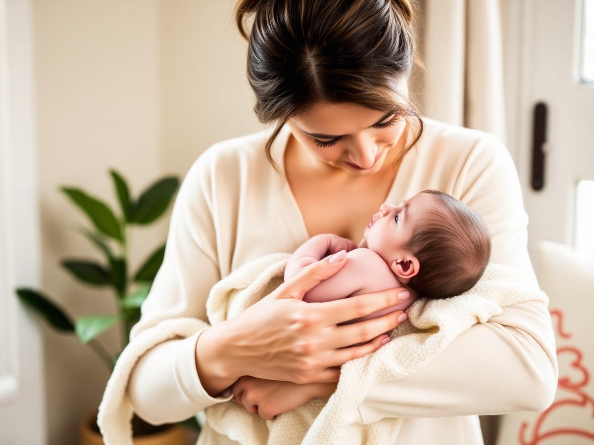 Mamá con su bebé en brazos, contacto piel a piel